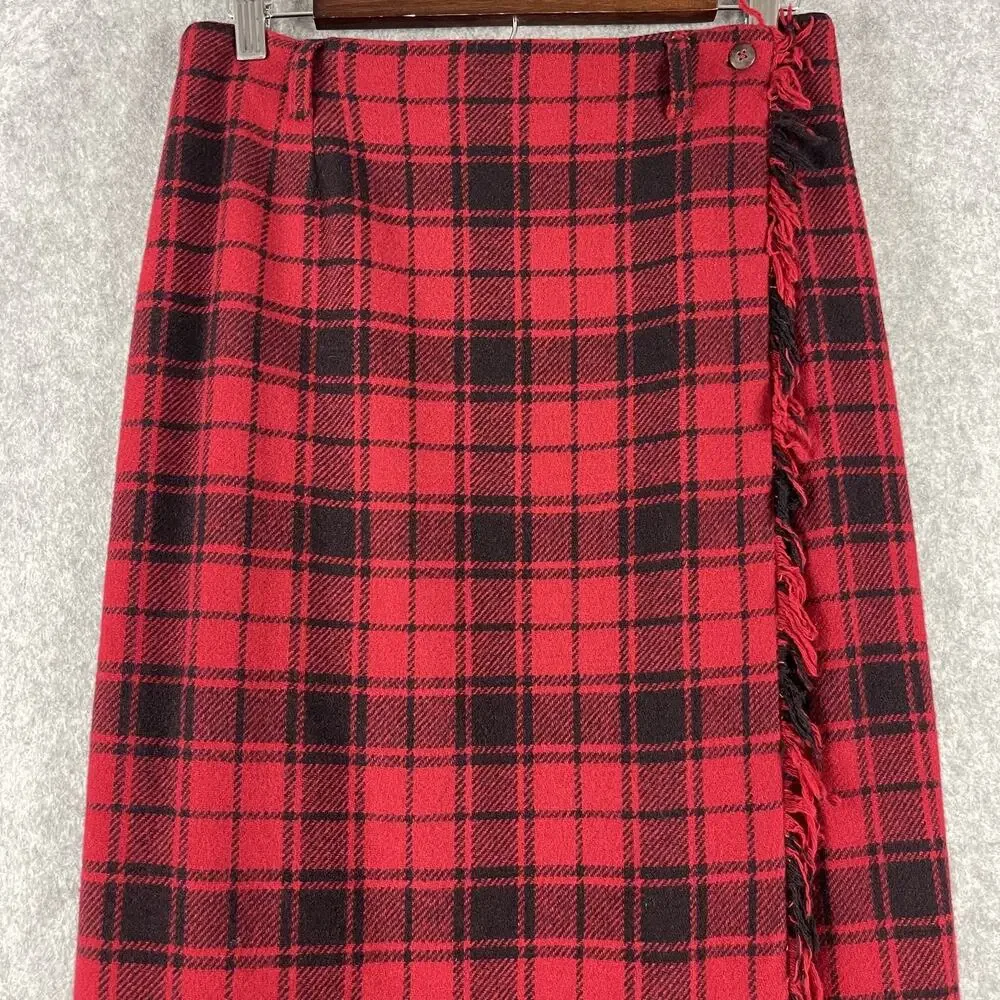 Vintage‎ Breeches Wool Blend Wrap Skirt Womens 12 Red Plaid Fringe Holiday USA